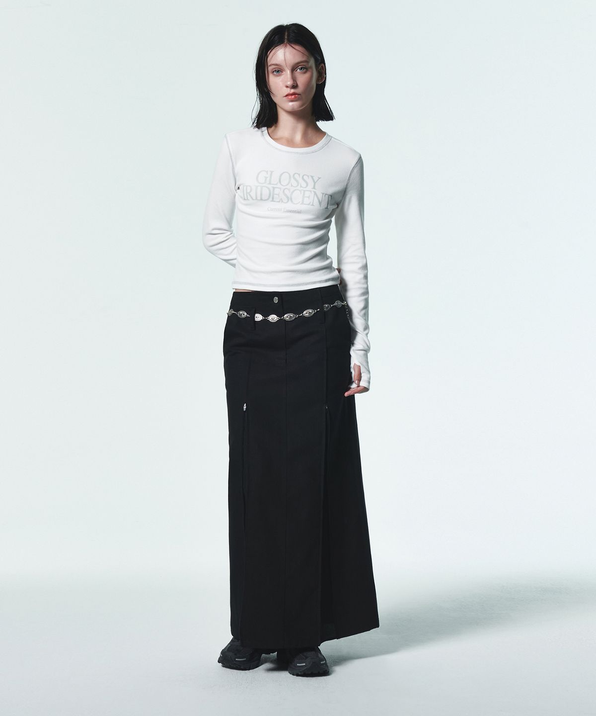 커렌트(CURRENT) SHEER MIX MAXI SKIRT [BLACK]