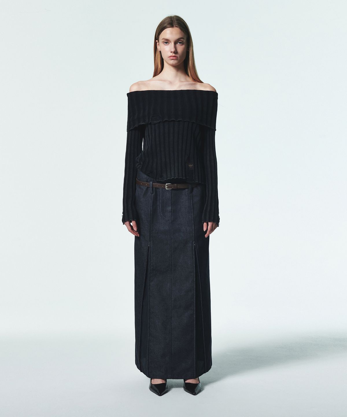 커렌트(CURRENT) SHEER MIX MAXI SKIRT [DARK INDIGO BLUE]