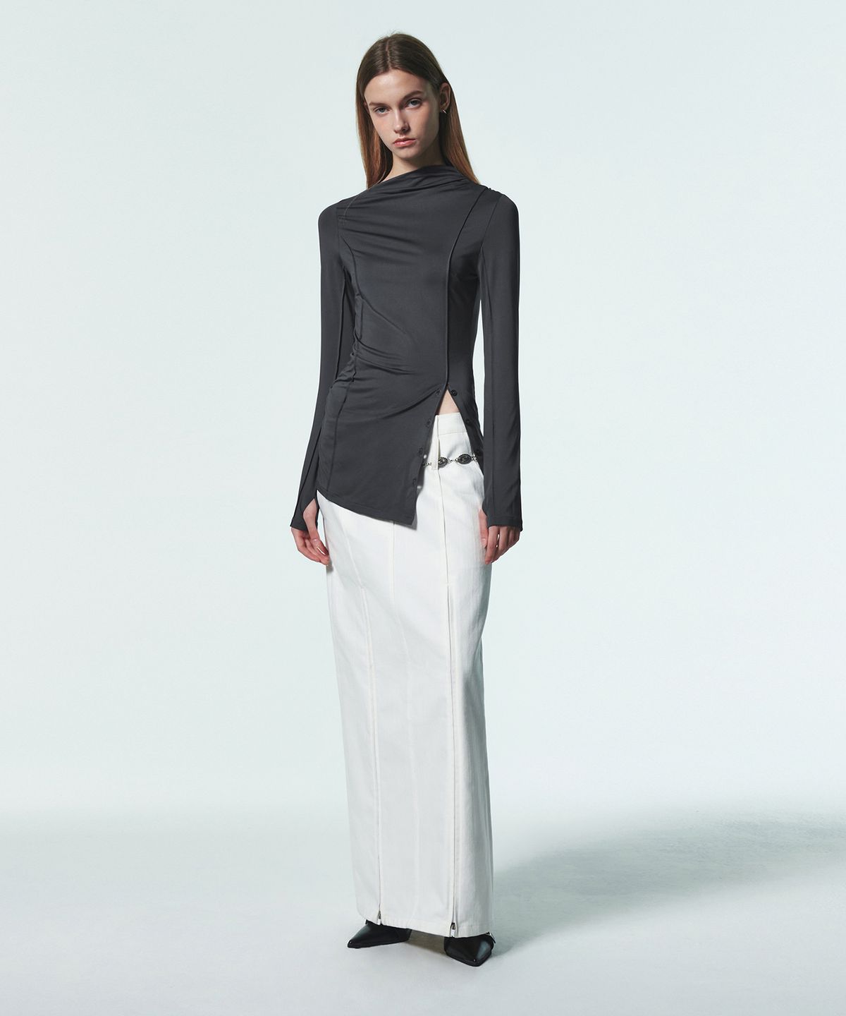 커렌트(CURRENT) SHEER MIX MAXI SKIRT [WHITE]