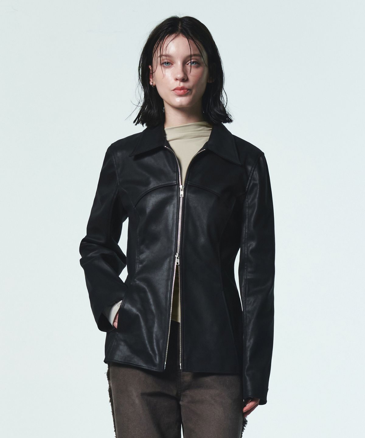 커렌트(CURRENT) FITTED CRACK LEATHER JACKET [BLACK]