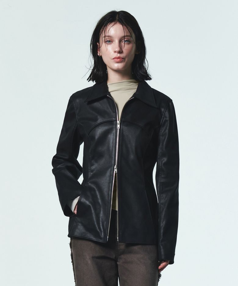 FITTED CRACK LEATHER JACKET [BLACK]