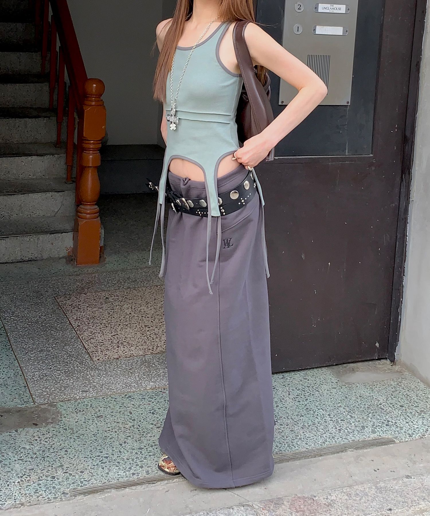 MUSINSA | WOOALONG Signature slim long skirt - CHARCOAL GRAY