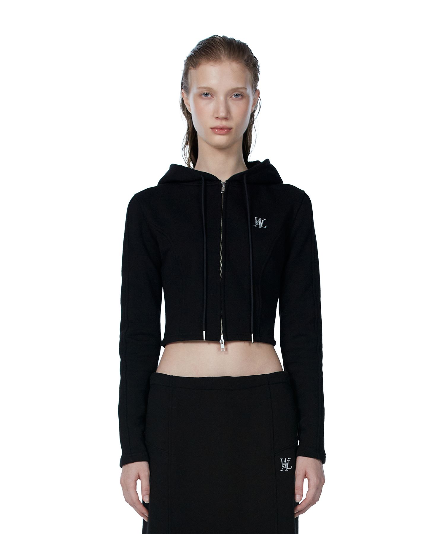 MUSINSA | WOOALONG Signature slim crop hood zip-up - BLACK