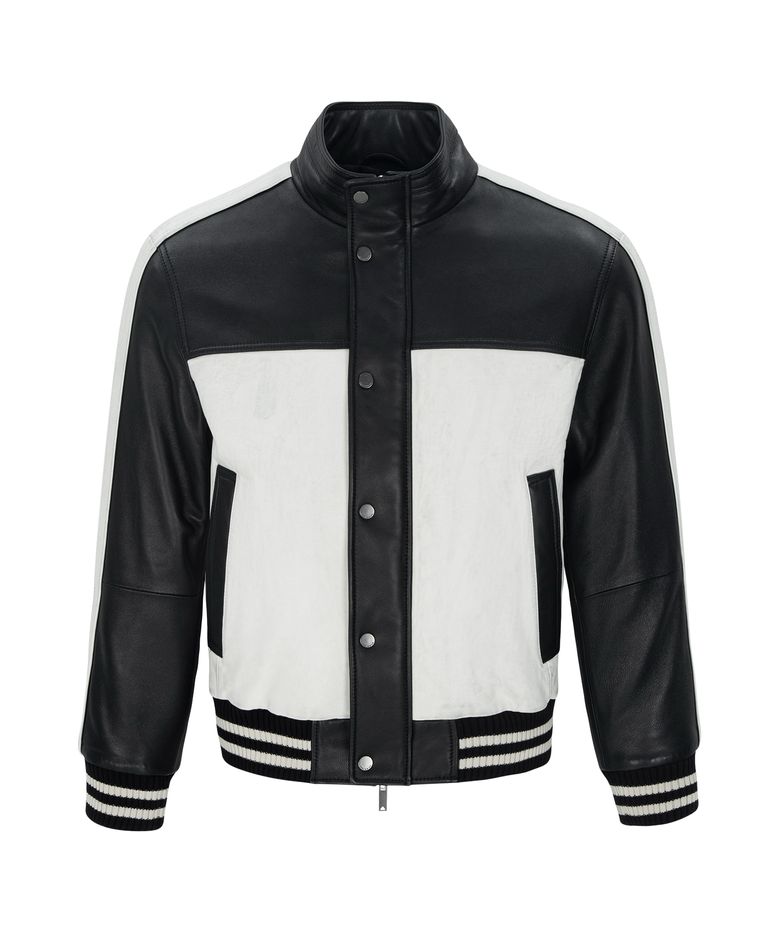 GARMENT WASHED NAPPA LEATHER RACER JACKET (BLACK&CREAM / LAMBSKIN)