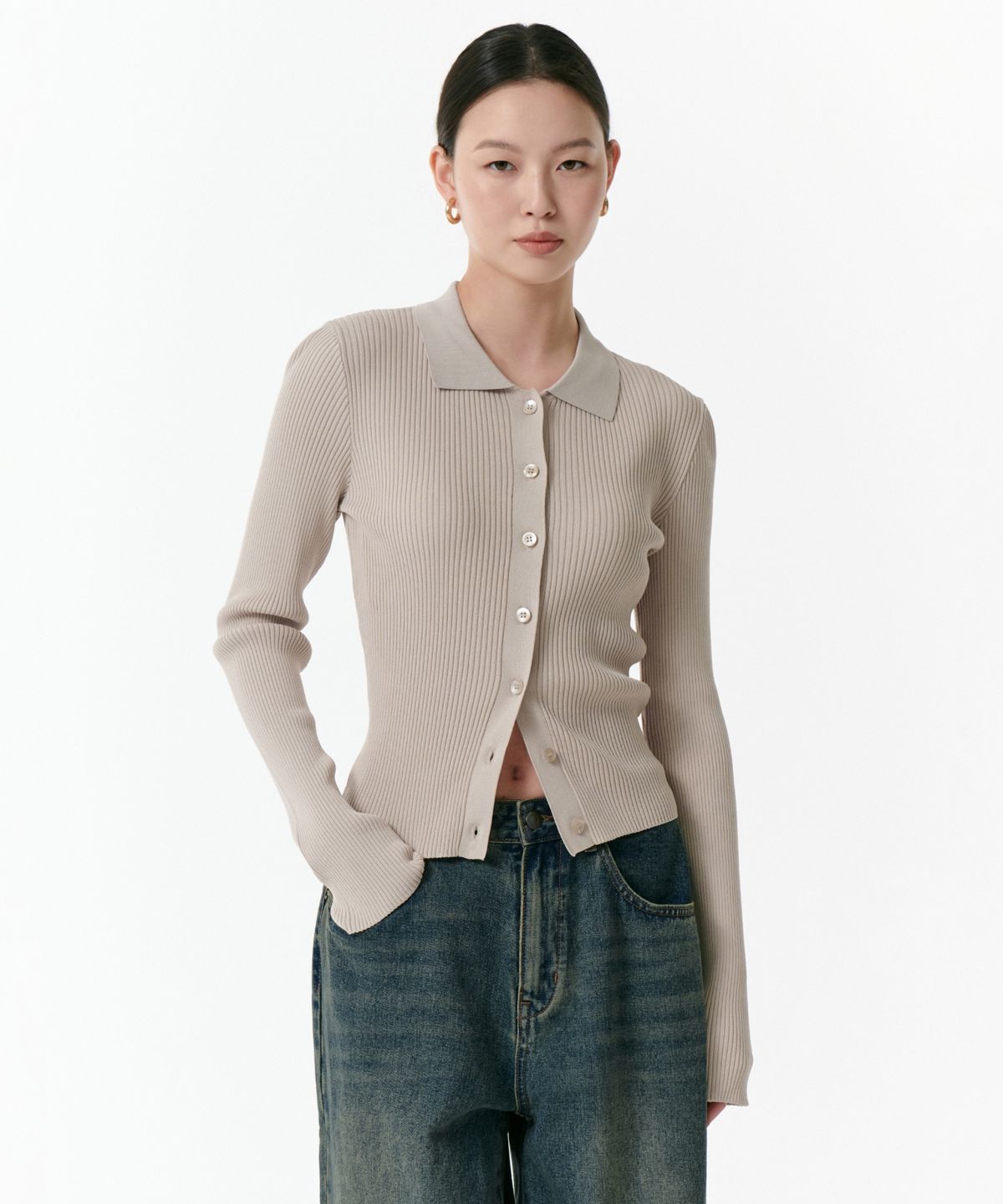 무신사 스탠다드 우먼(MUSINSA STANDARD WOMAN) 우먼즈 리브드 슬림 칼라드 가디건 [라이트 베이지]