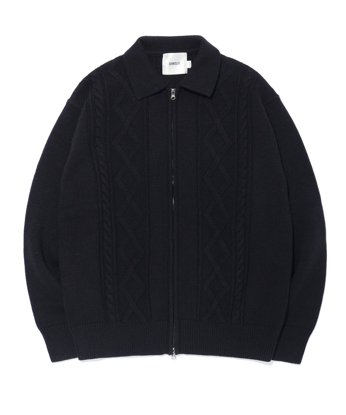 사운즈라이프(SOUNDSLIFE) ZIGZAG Cable Collar Knit Zip-Up Black