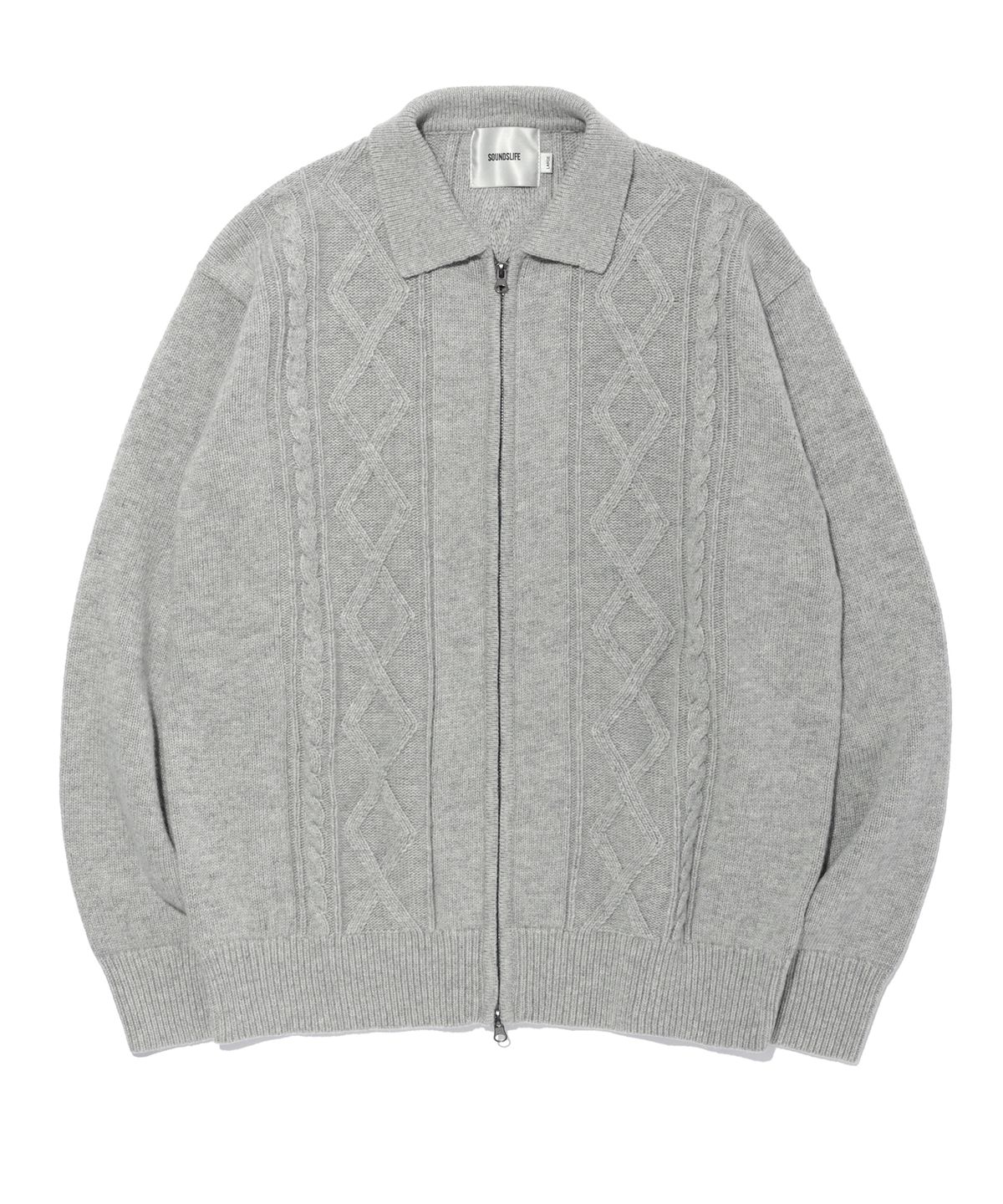 사운즈라이프(SOUNDSLIFE) ZIGZAG Cable Collar Knit Zip-Up Light Grey