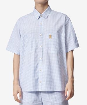 베어 패치 자수 체크 반소매 셔츠 - 블루 / 738306ZANGD4530