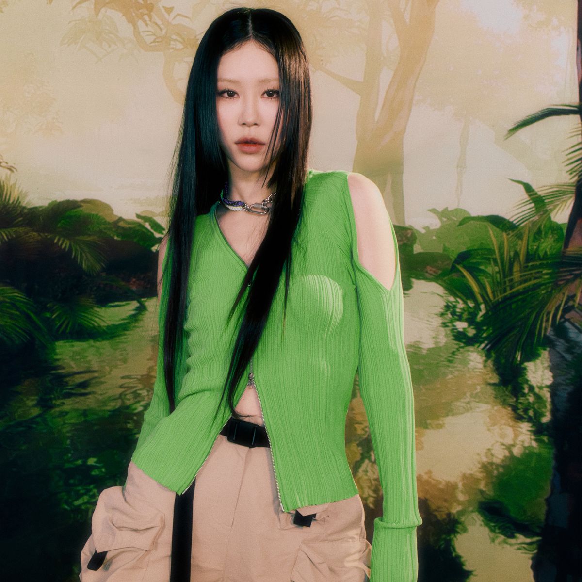 라라폭스(LALAFOX) RIBBED CUT OUT CARDIGAN GREEN BP1KG002