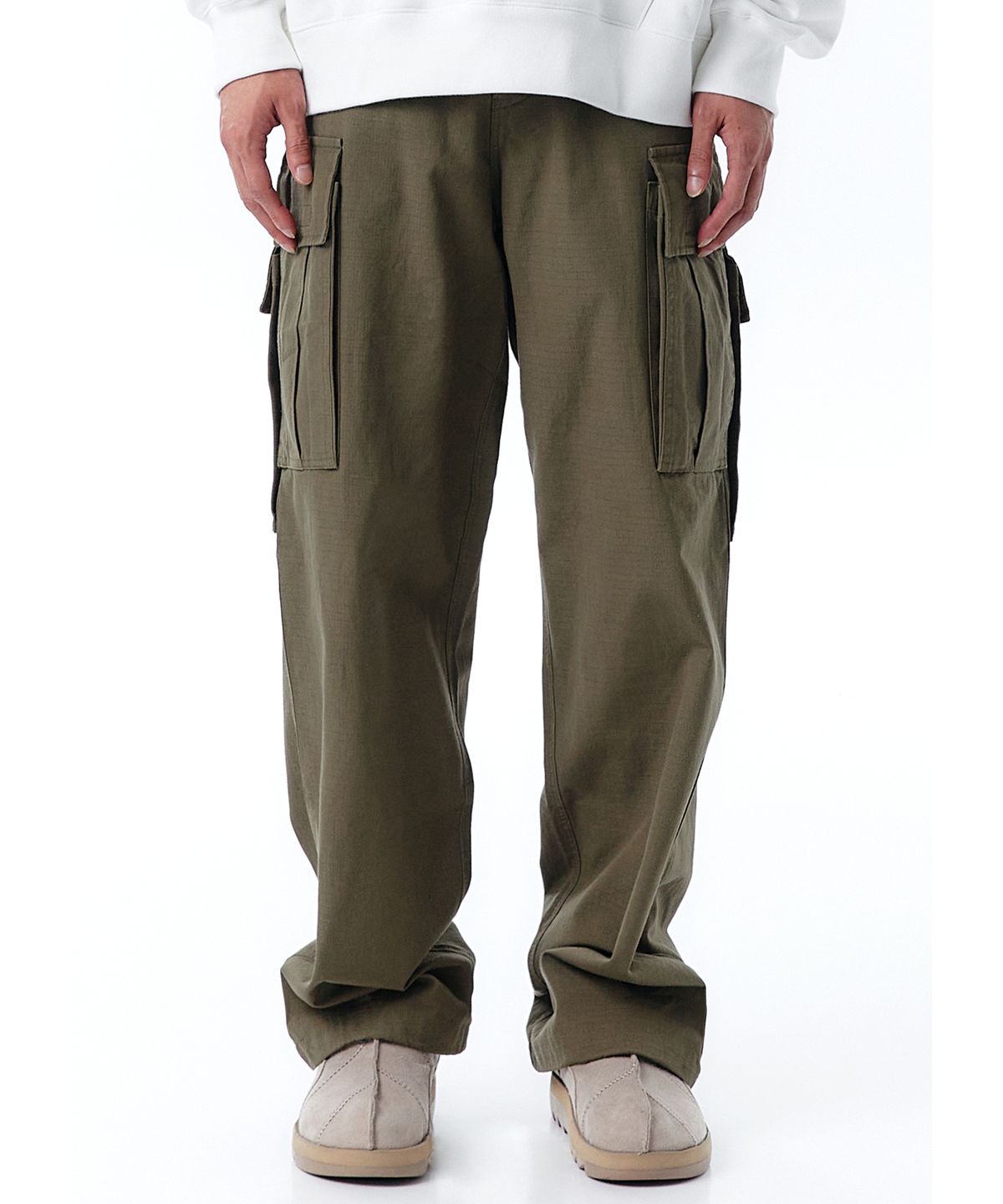 오픈야드(오와이)(OPENYARD(OY)) UNBALANCE CARGO POCKET RIP PANTS-KHAKI