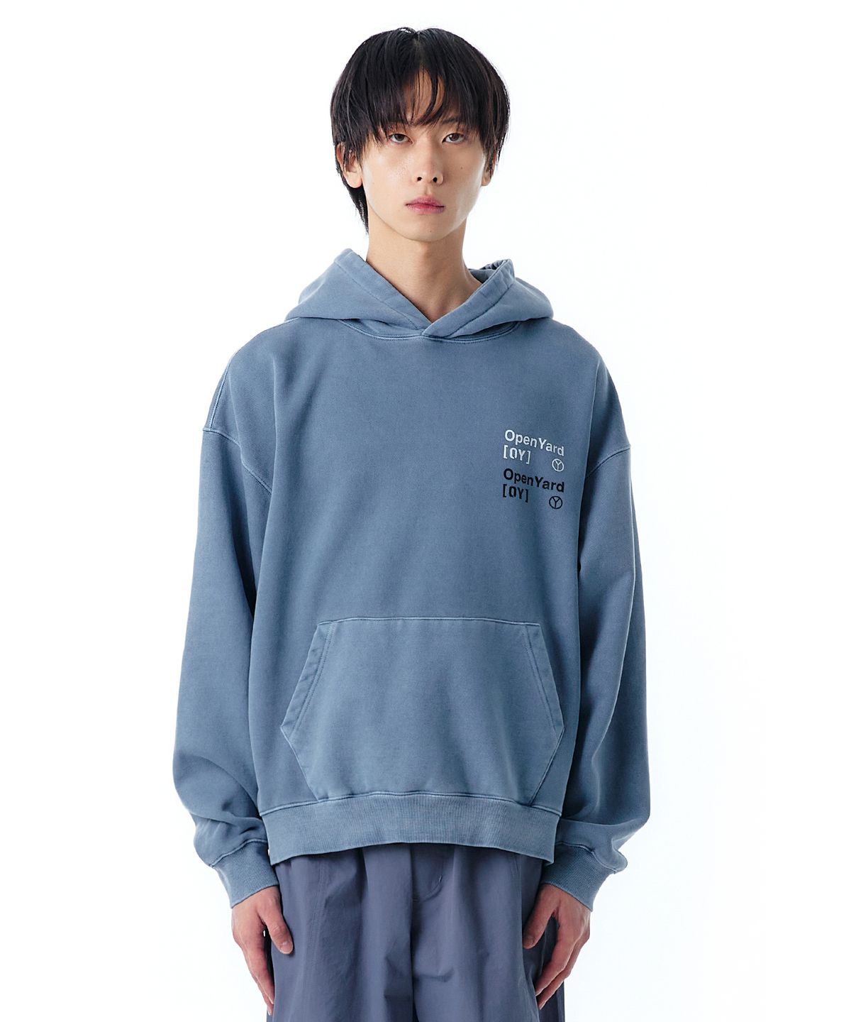 오픈야드(오와이)(OPENYARD(OY)) PIGMENT TYPO HOODIE-BLUE