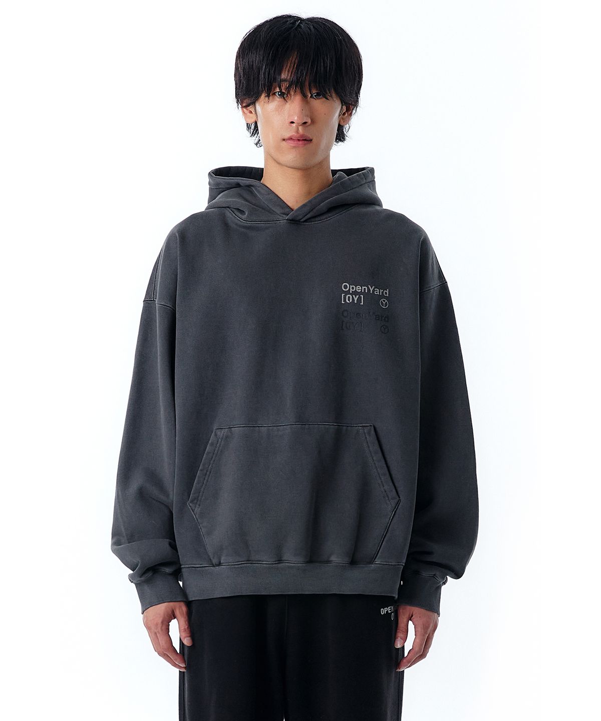 오픈야드(오와이)(OPENYARD(OY)) PIGMENT TYPO HOODIE-BLACK
