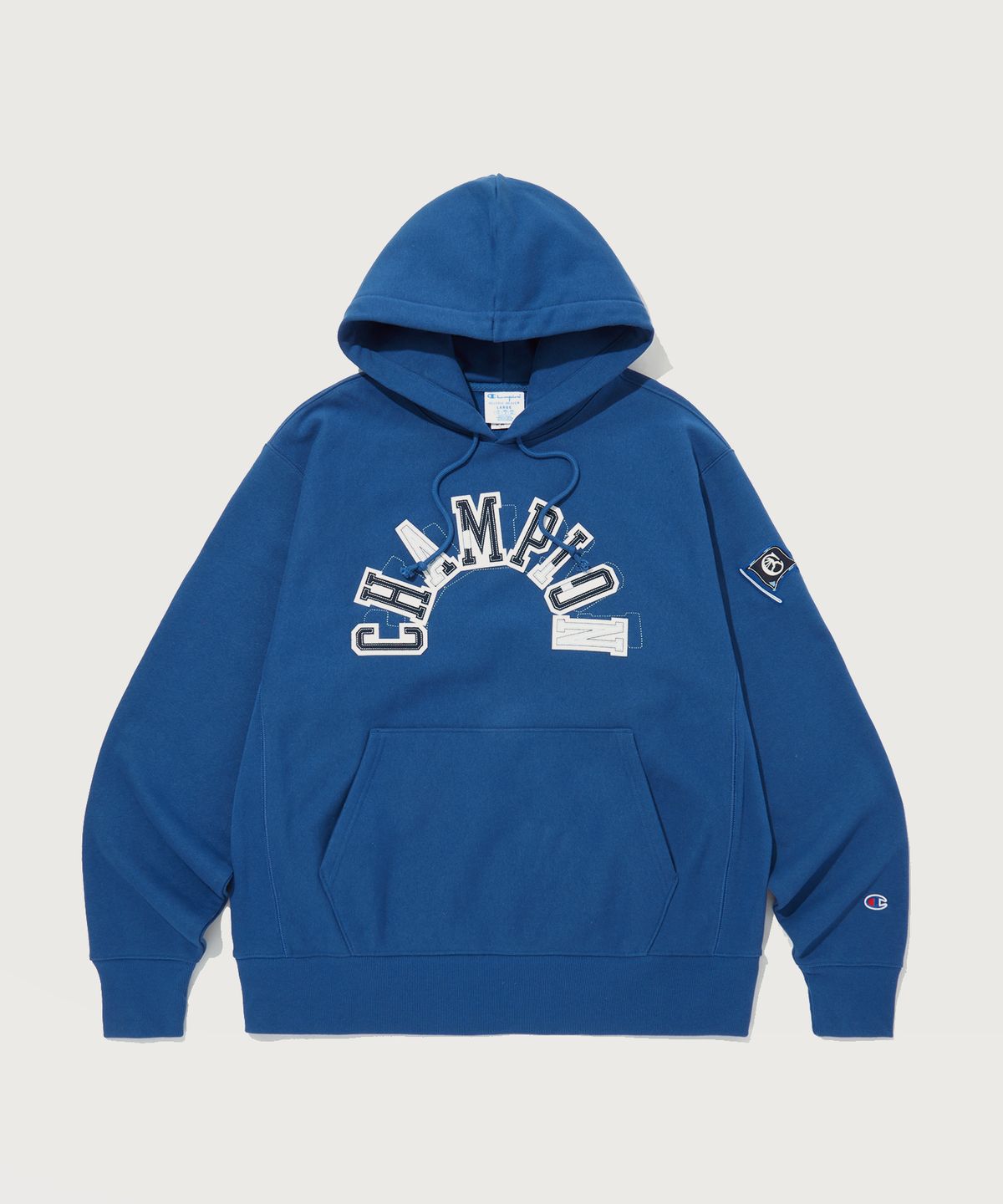 챔피온(CHAMPION) 리버스위브 기모 아플리케 후드 티셔츠 Normal Blue