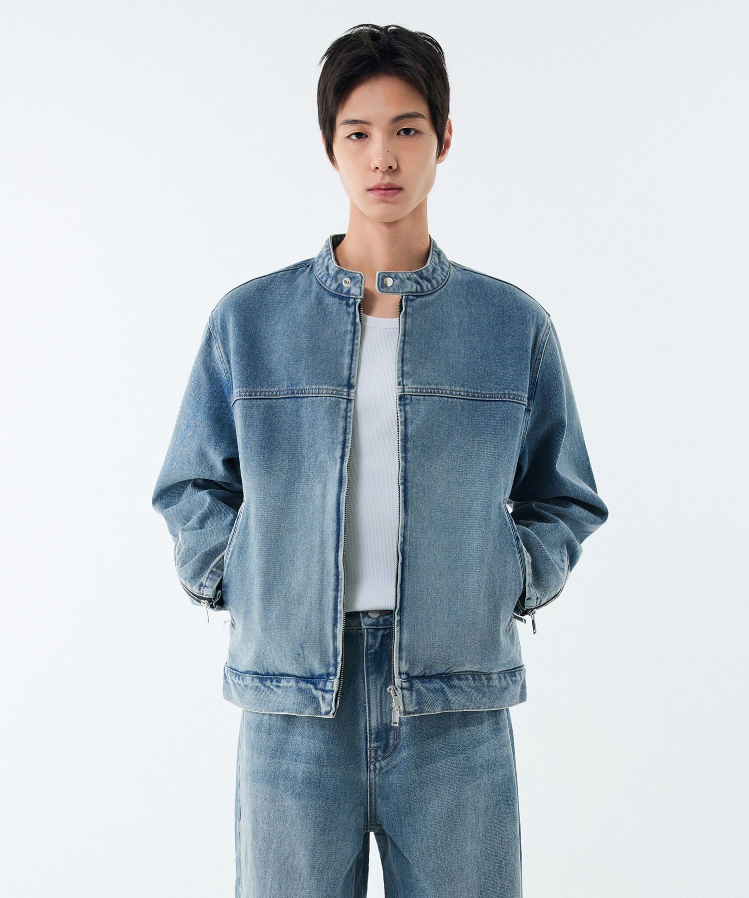 MUSINSA | MUSINSA STANDARD Denim Racer Jacket [Light Indigo]