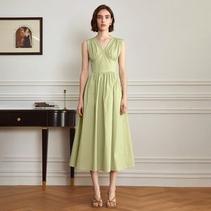 YY_V-neck waist pleats dress_LIGHT OLIVE