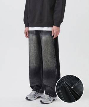 사이드 턱 스냅 버튼 와이드 데님 팬츠 (BLACK)