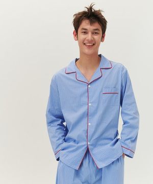 (m)스탠다드 티킹 스트라이프 파자마 긴소매세트 블루
