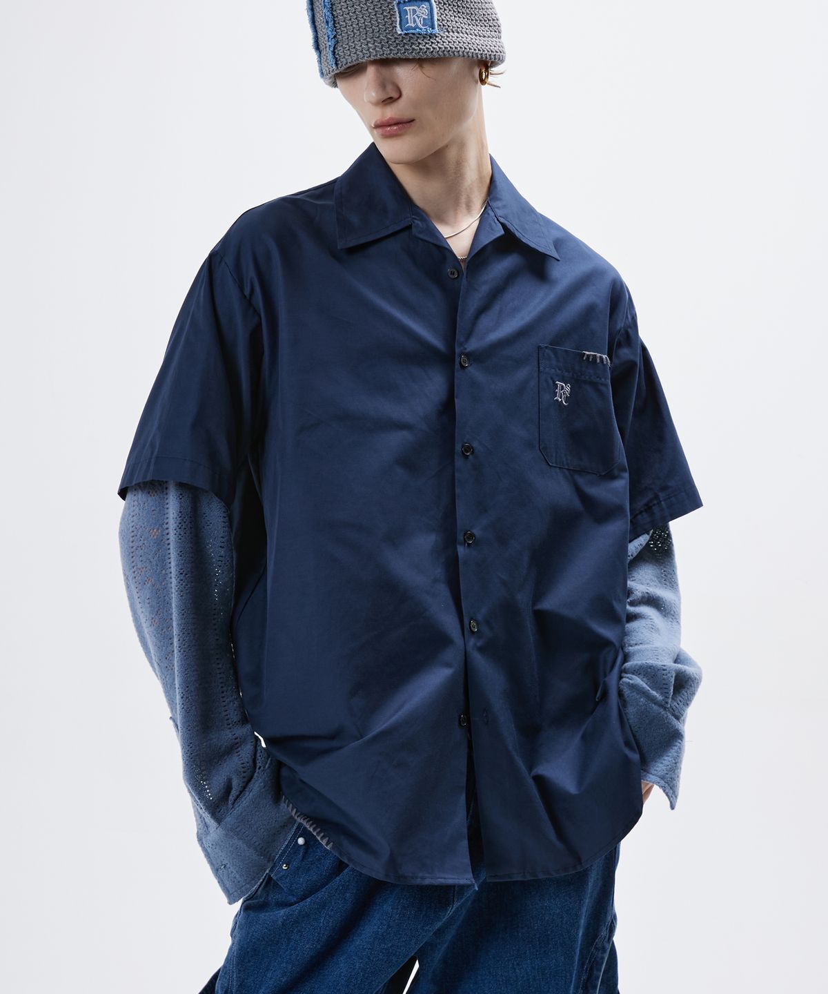 알에스에스씨(RSSC) KNIT SLEEVE LAYERED SHIRT - NAVY