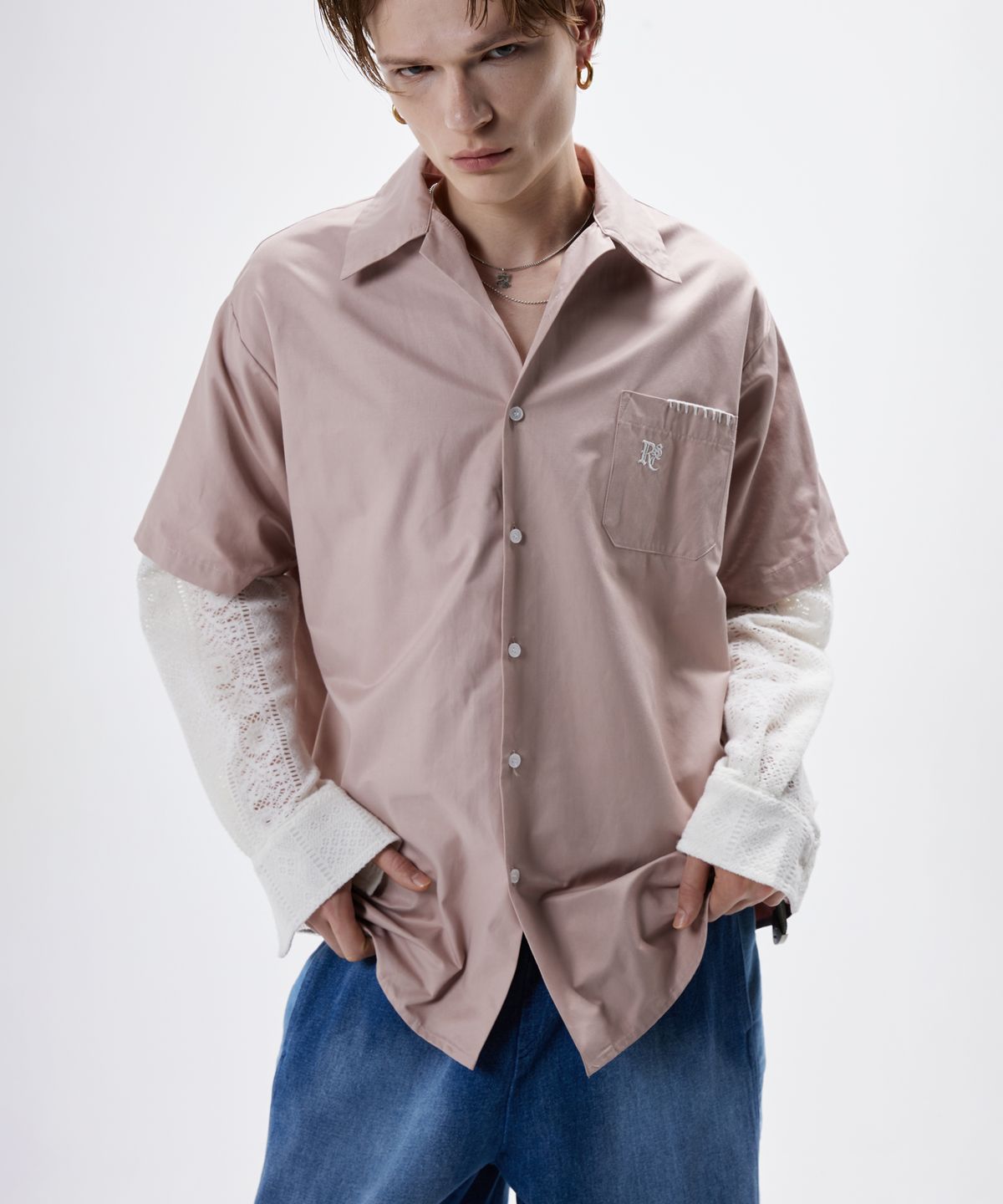 알에스에스씨(RSSC) KNIT SLEEVE LAYERED SHIRT - PINK