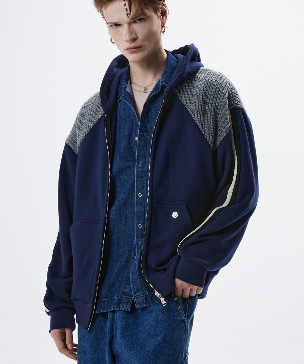 알에스에스씨(RSSC) KNIT MIXED HOOD ZIPUP - NAVY