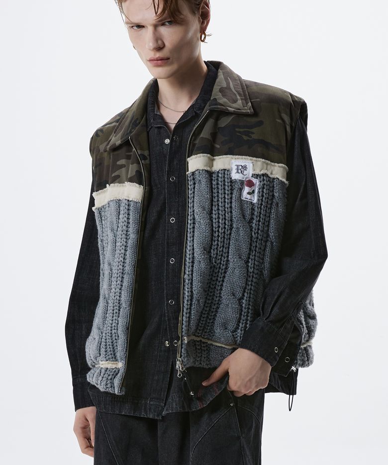 DENIM & KNIT PADDING VEST - CAMO/GRAY