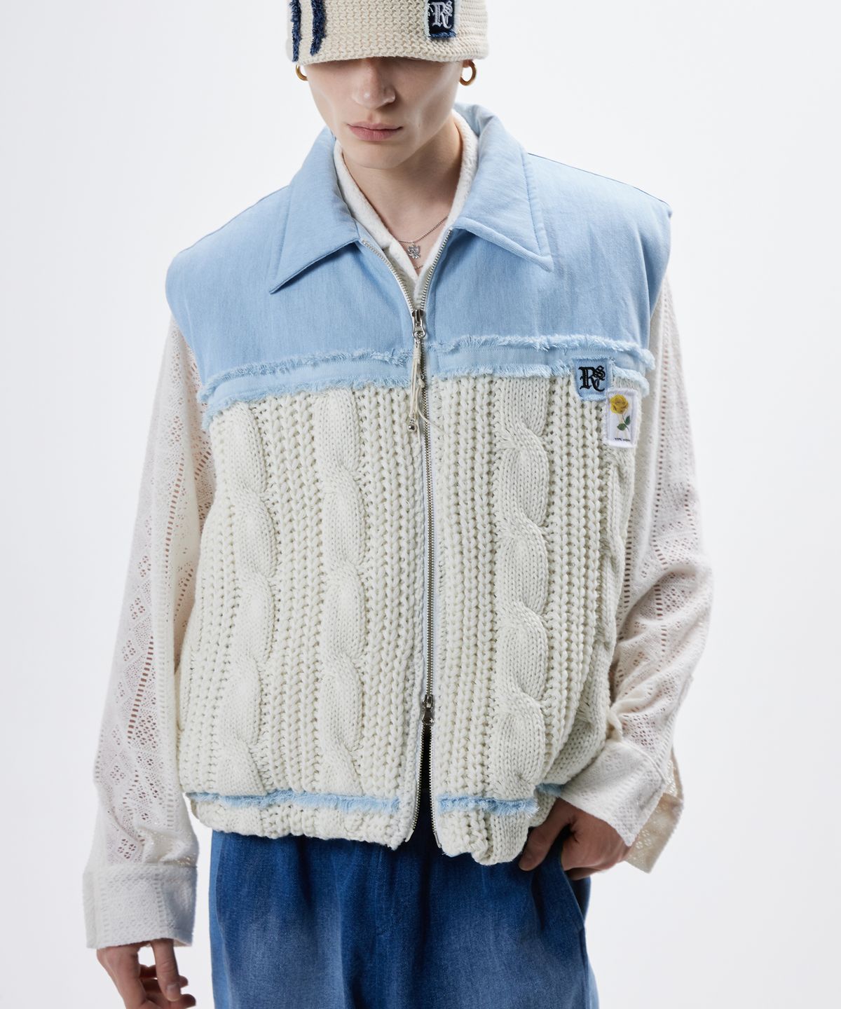 알에스에스씨(RSSC) DENIM & KNIT PADDING VEST - LIGHT DENIM/IVORY