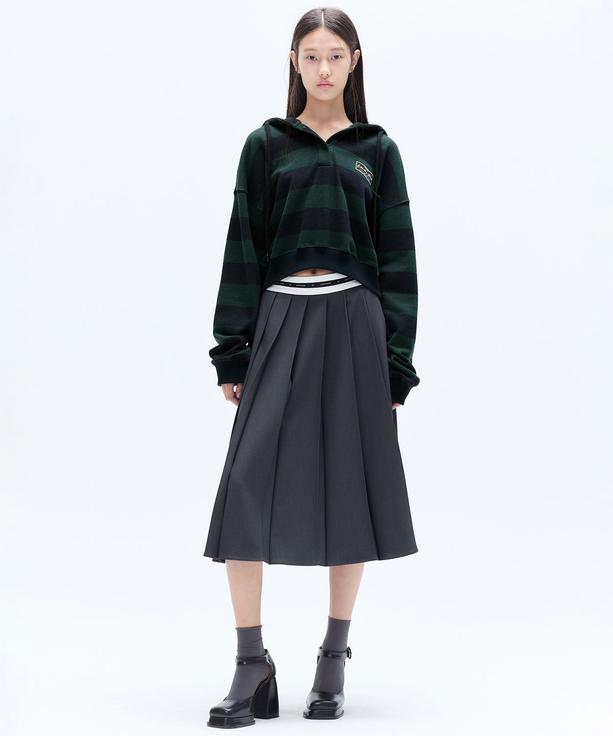 해바이해킴(HAE BY HAEKIM) STRIPE CROP HOODIE_GREEN