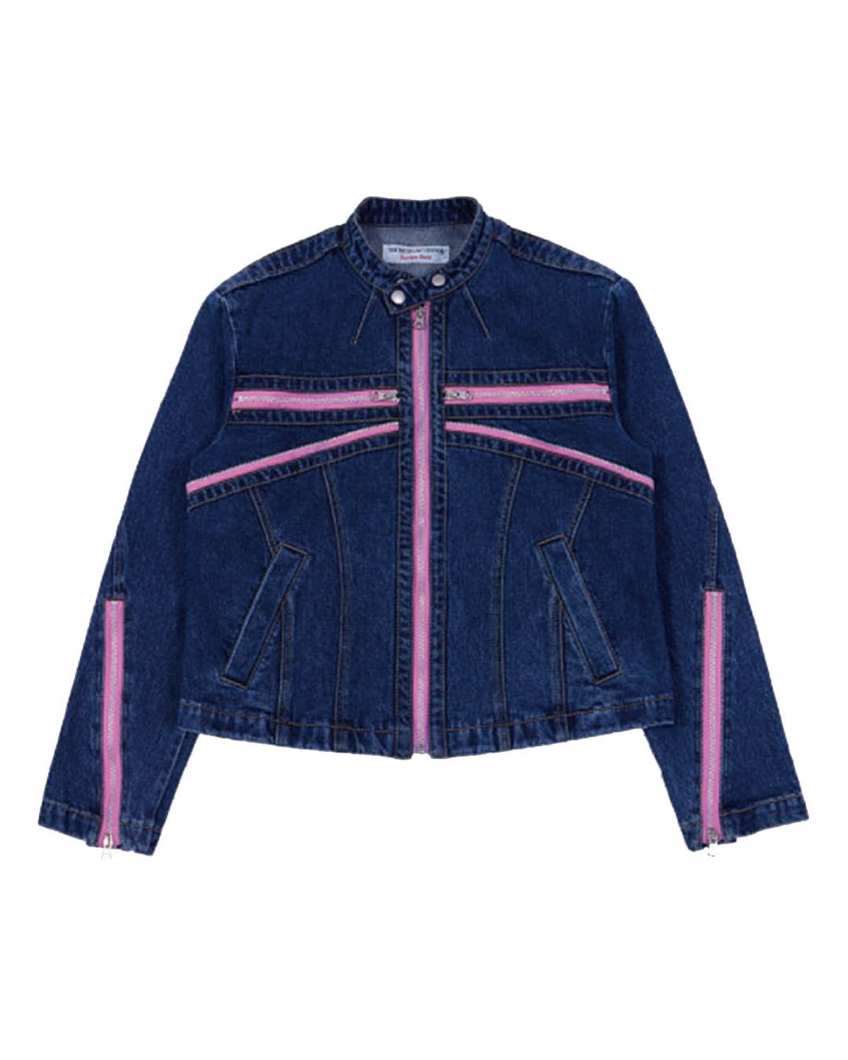 더뮤지엄비지터(THEMUSEUMVISITOR) DENIM ZIPPER BIKER JACKET (WASHED BLUE)