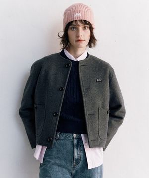 우먼 울혼방 라운드넥 숏 코트 차콜