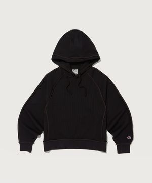 여성 스티치 루즈핏 와플 후드 티셔츠 Black