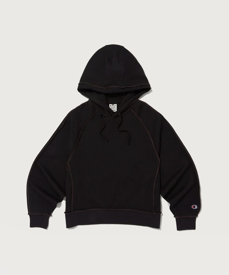 여성 스티치 루즈핏 와플 후드 티셔츠 Black