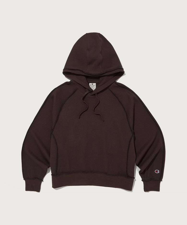 여성 스티치 루즈핏 와플 후드 티셔츠 Normal Brown
