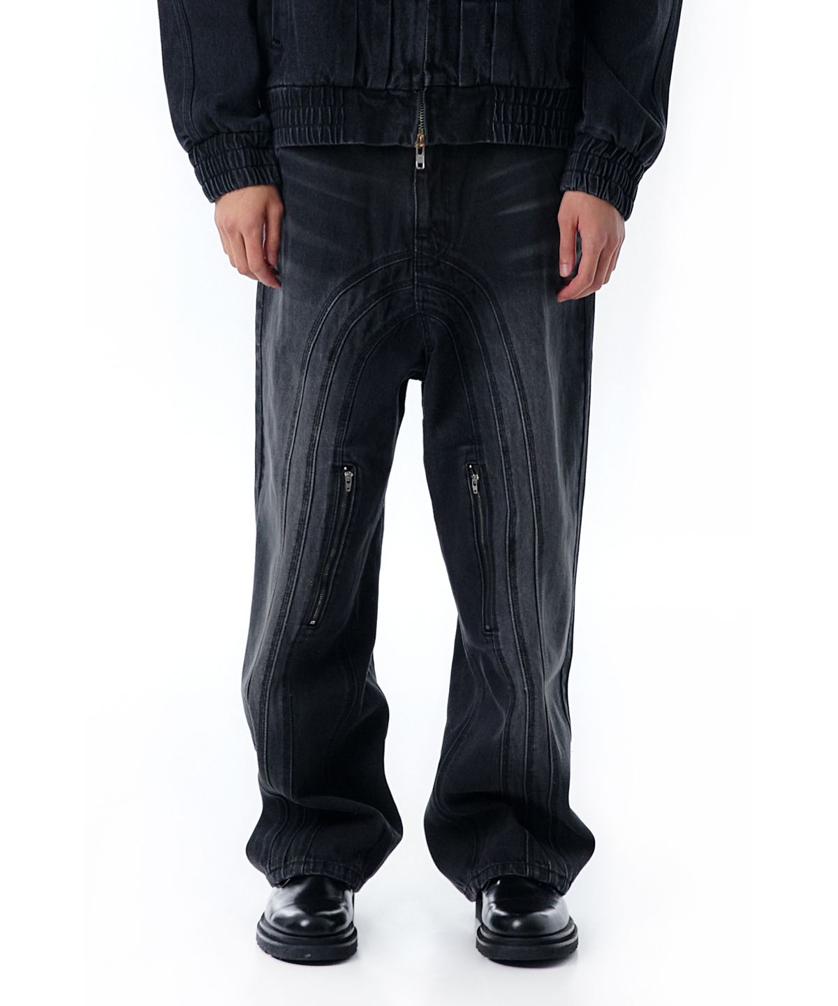 오픈야드(오와이)(OPENYARD(OY)) C.B WAVE LINE WASHED ZIPPER JEANS-BLACK