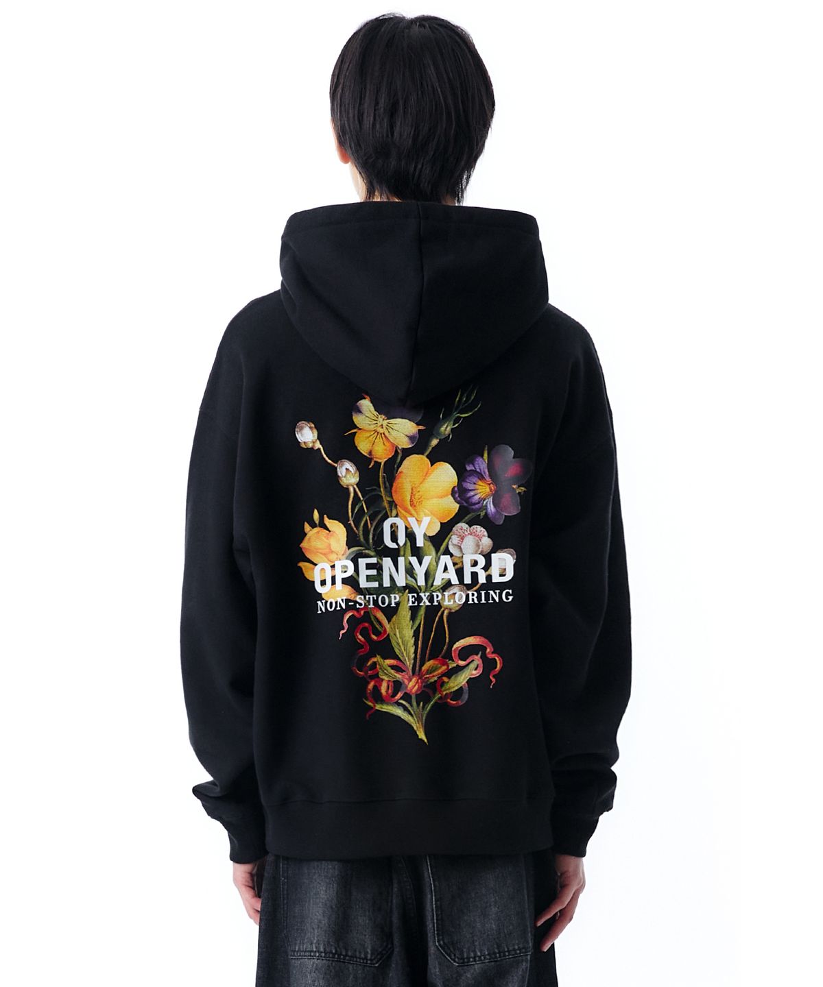 오픈야드(오와이)(OPENYARD(OY)) VINTAGE FLOWER LOGO HOODIE-BLACK