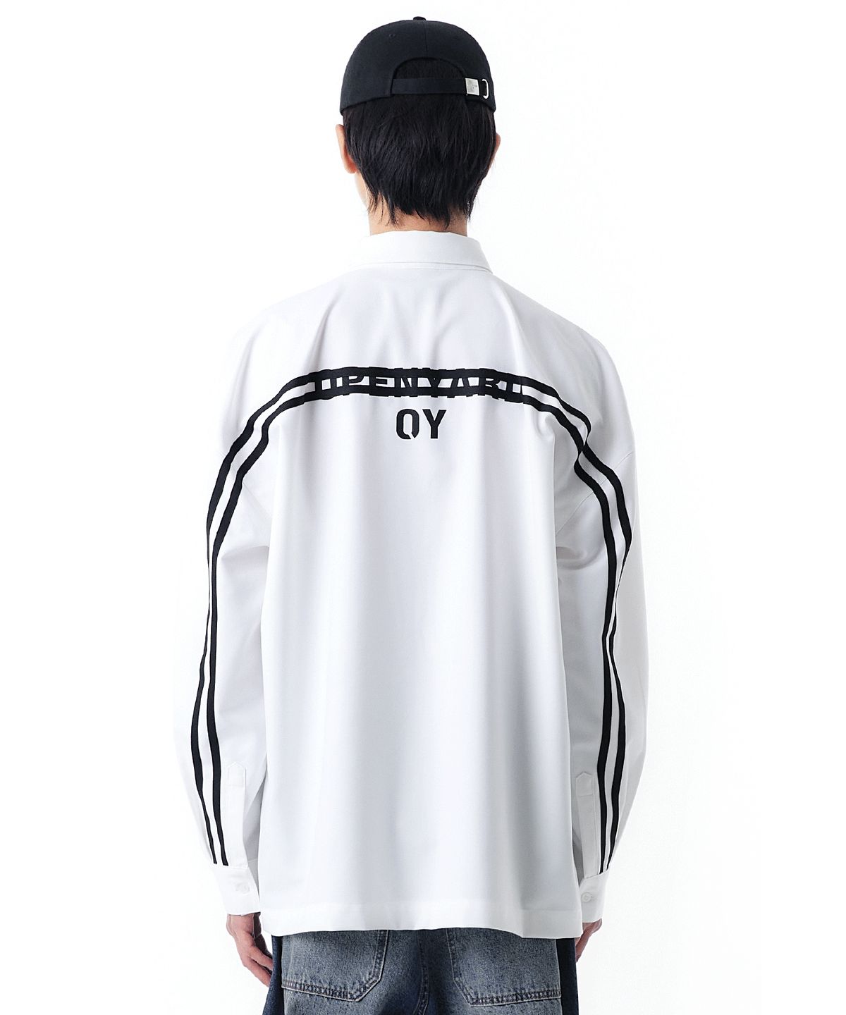 오픈야드(오와이)(OPENYARD(OY)) CURVE TAPE LOGO SHIRTS-WHITE