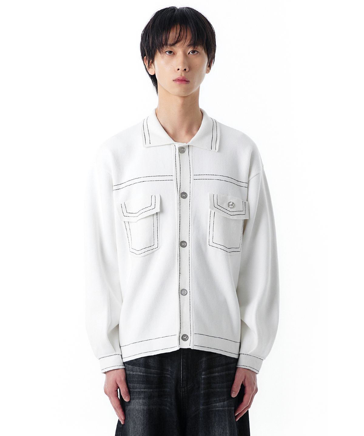 오픈야드(오와이)(OPENYARD(OY)) STITCH KNIT TRUCKER JACKET-WHITE