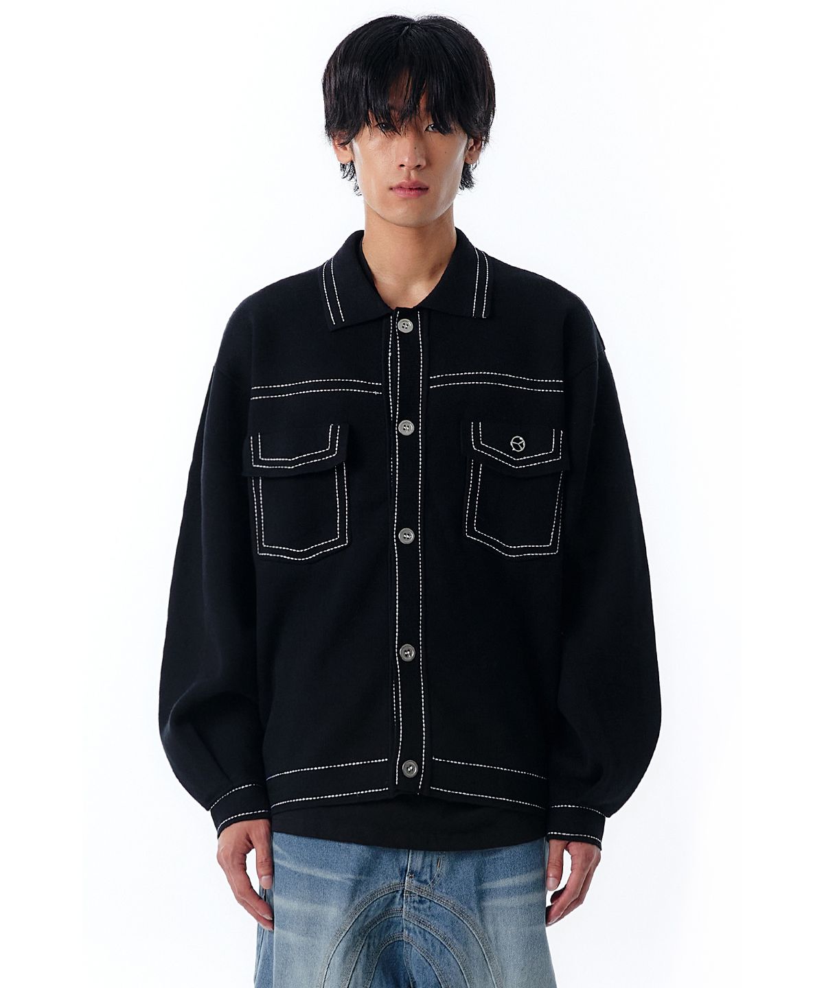 오픈야드(오와이)(OPENYARD(OY)) STITCH KNIT TRUCKER JACKET-BLACK
