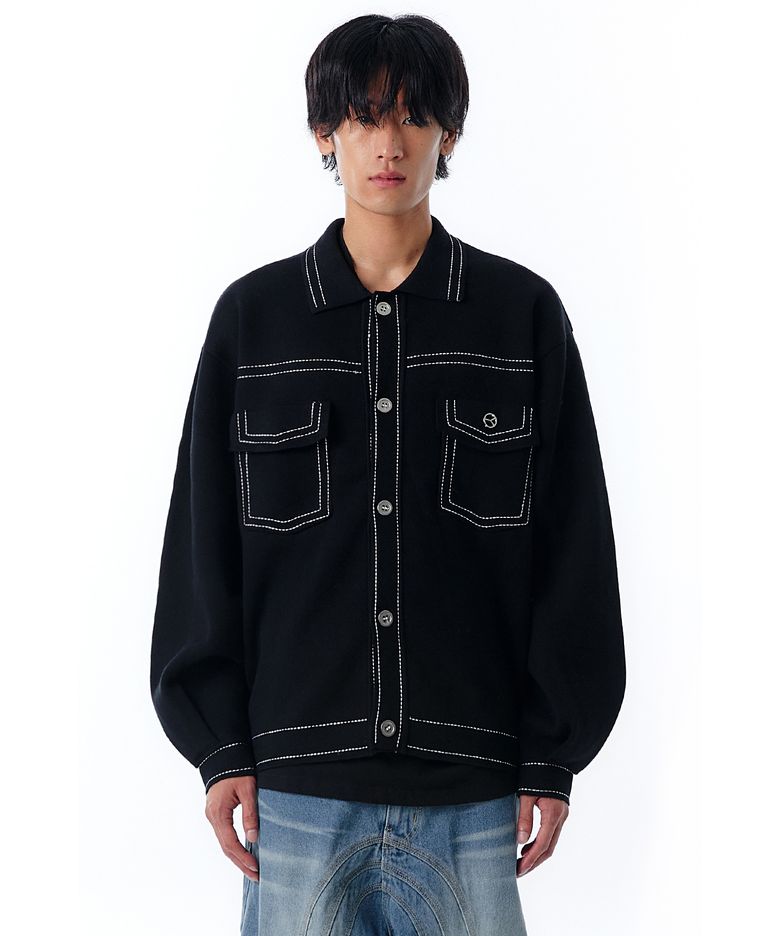 STITCH KNIT TRUCKER JACKET-BLACK