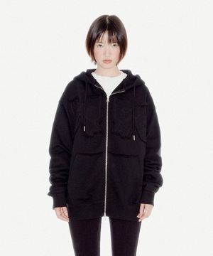 YOUHEE RIBBON HOOD ZIP-UP BLACK