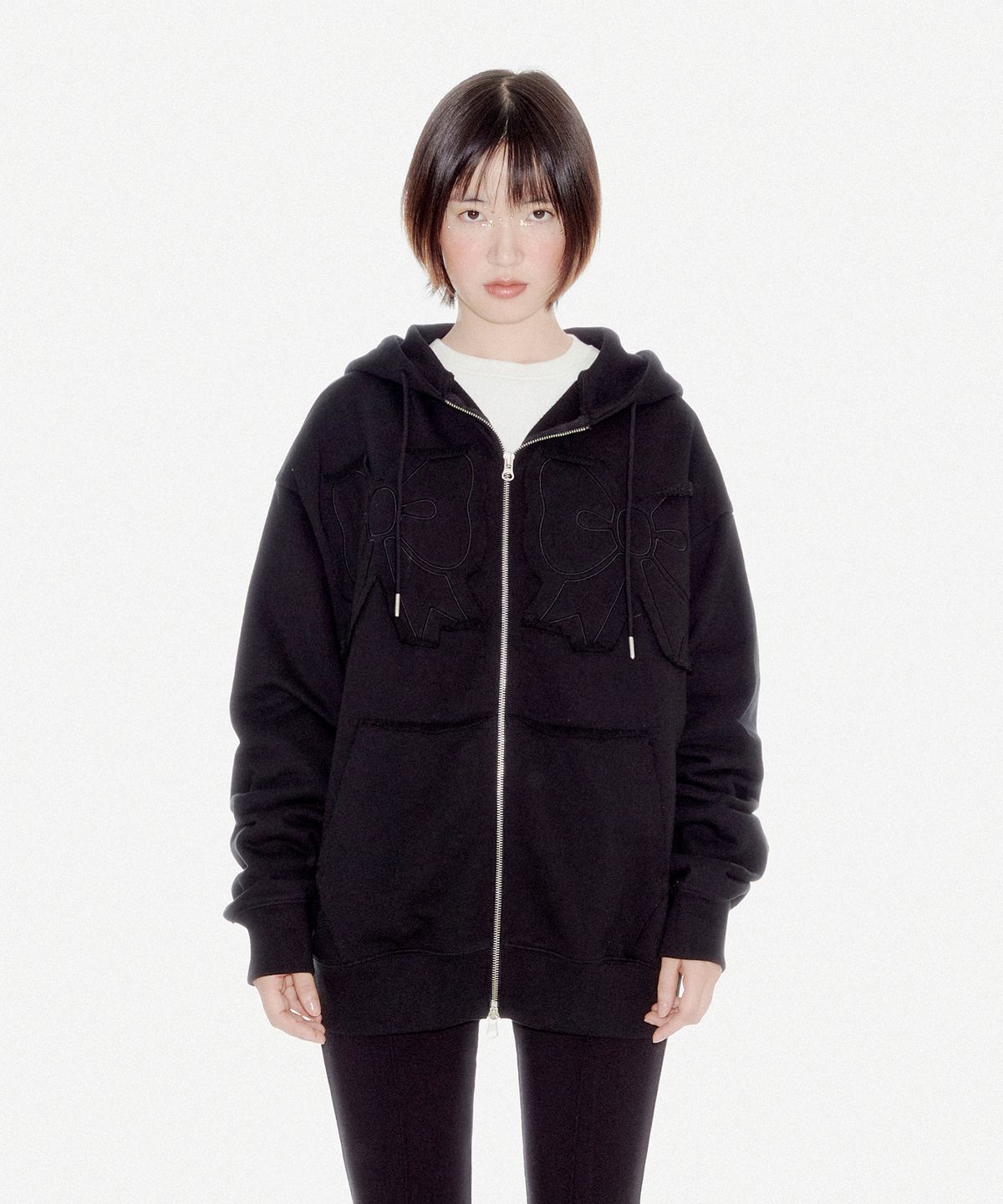 유희(YOUHEE) YOUHEE RIBBON HOOD ZIP-UP BLACK