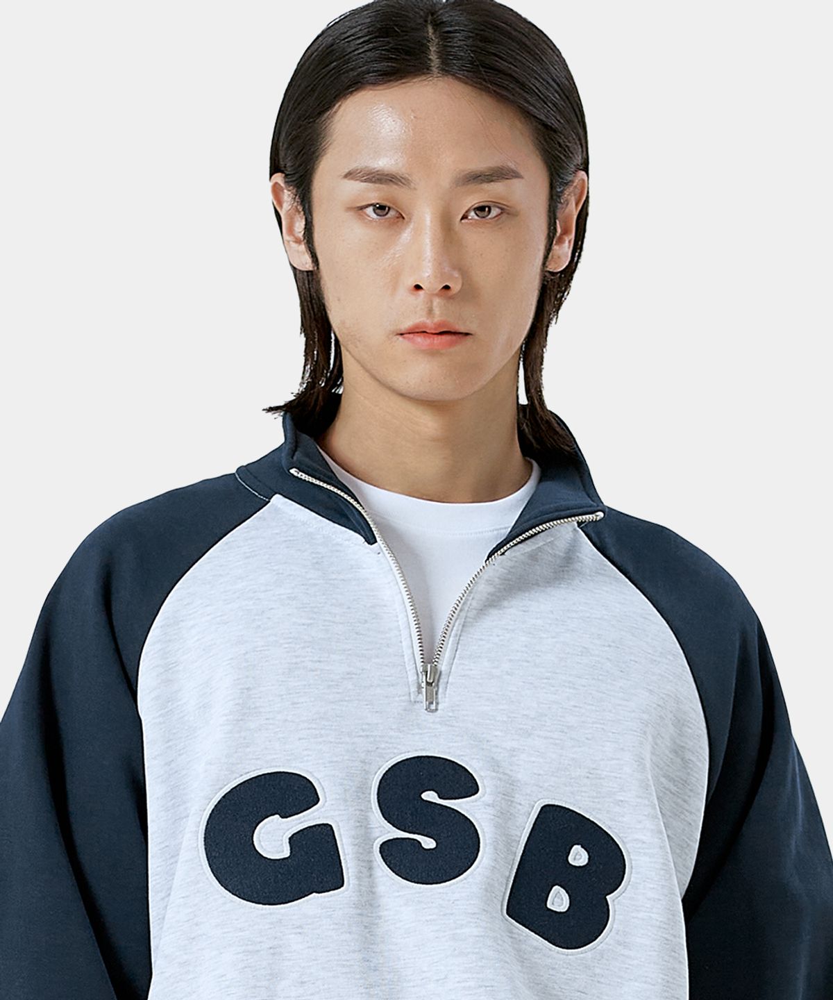 게인스보로(GAINSBORO) GSB로고 래글런 하프집업_화이트멜란지/네이비