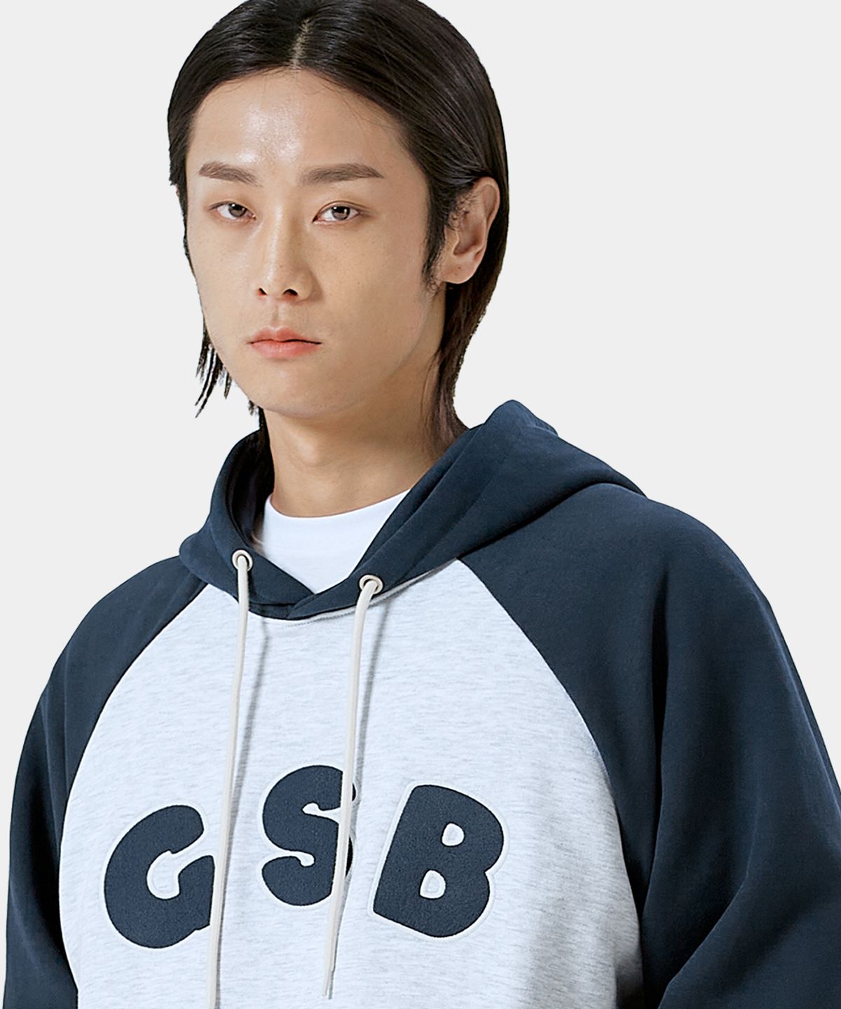 게인스보로(GAINSBORO) GSB로고 래글런 후드티_화이트멜란지/네이비