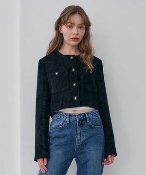 라운드넥 트위드 크롭 자켓 (블랙)