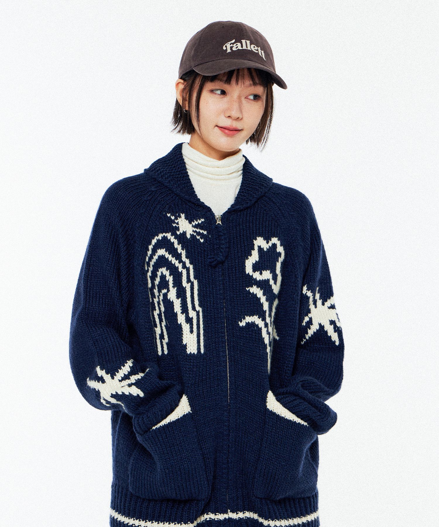 MUSINSA | FALLETT Drawing Garden Cowichan Knit Zip-up Navy