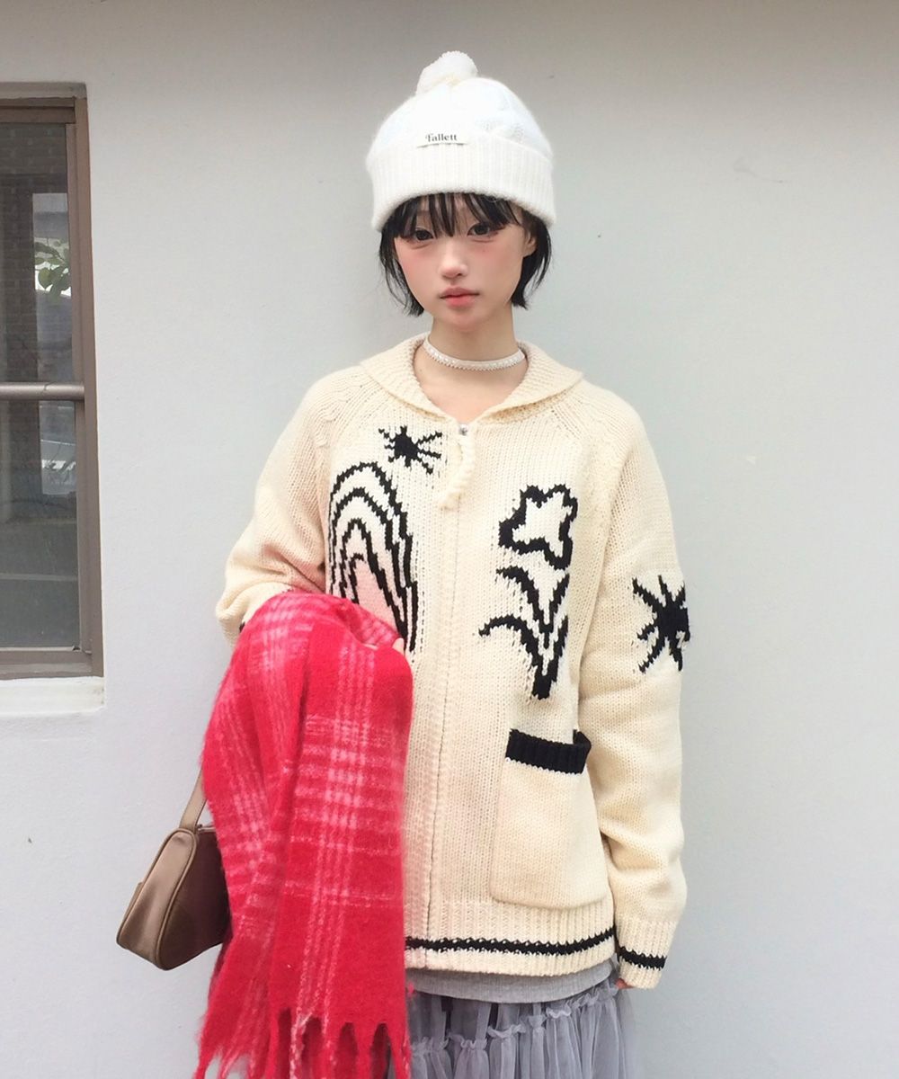 ともニャンФωФ MUSINSA | FALLETT Drawing Garden Cowichan Knit Zip-up Ivory