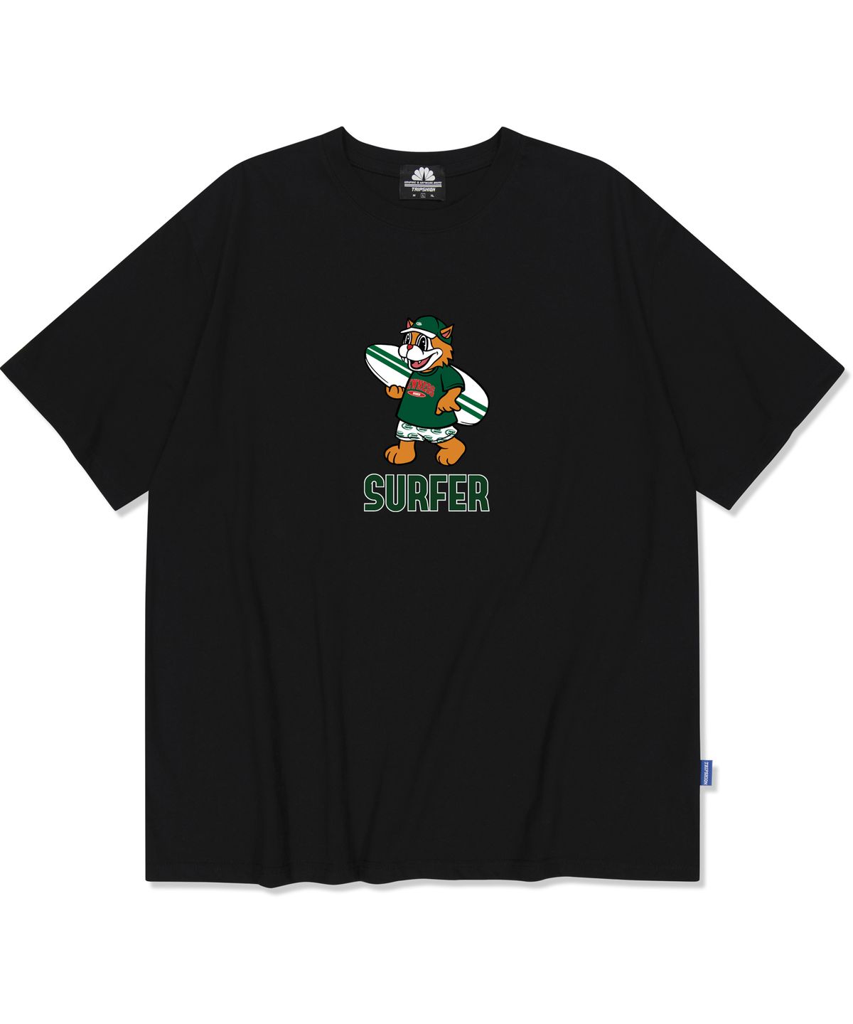 트립션(TRIPSHION) GREEN SURFER CAT GRAPHIC 티셔츠 - 블랙