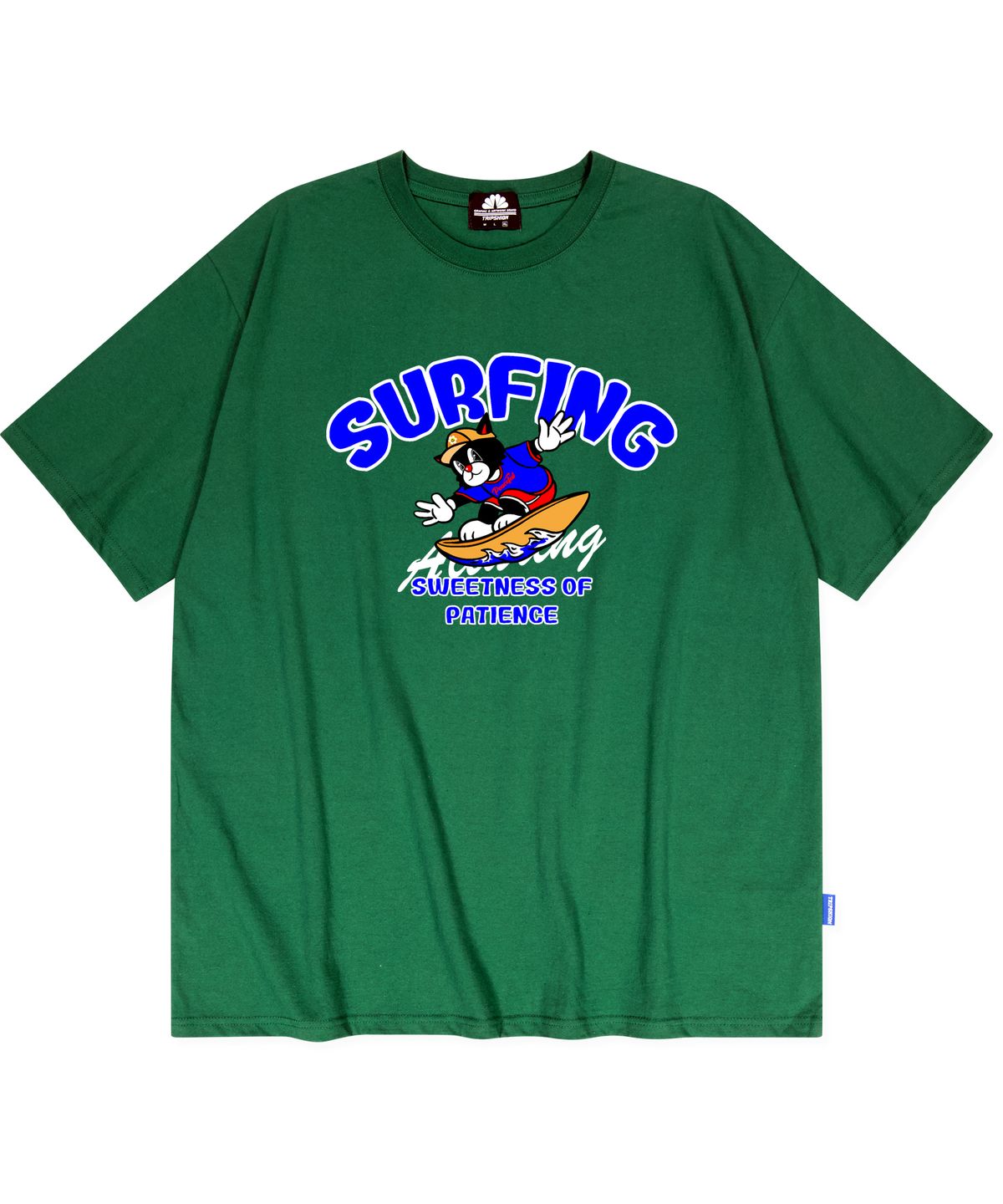 트립션(TRIPSHION) BLUE SURFING CAT GRAPHIC 티셔츠 - 그린