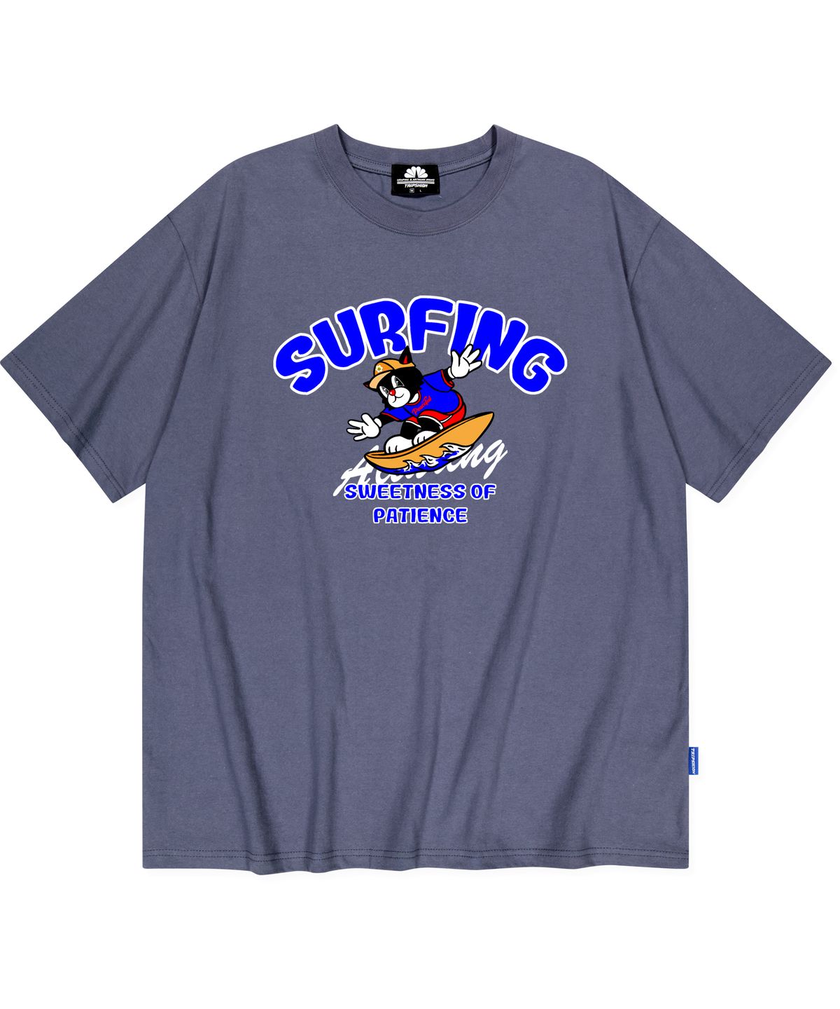 트립션(TRIPSHION) BLUE SURFING CAT GRAPHIC 티셔츠 - 그레이