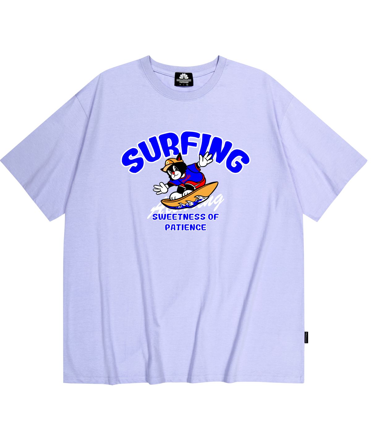 트립션(TRIPSHION) BLUE SURFING CAT GRAPHIC 티셔츠 - 퍼플