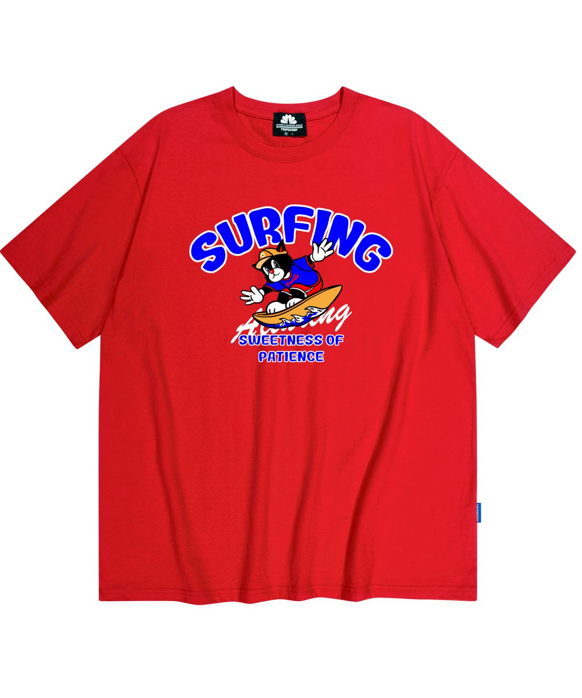 트립션(TRIPSHION) BLUE SURFING CAT GRAPHIC 티셔츠 - 레드